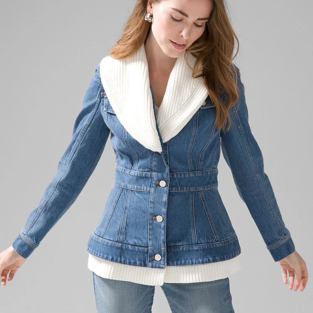 WHITE HOUSE BLACK MARKET |Peplum Denim Jacket with Sweater Trim